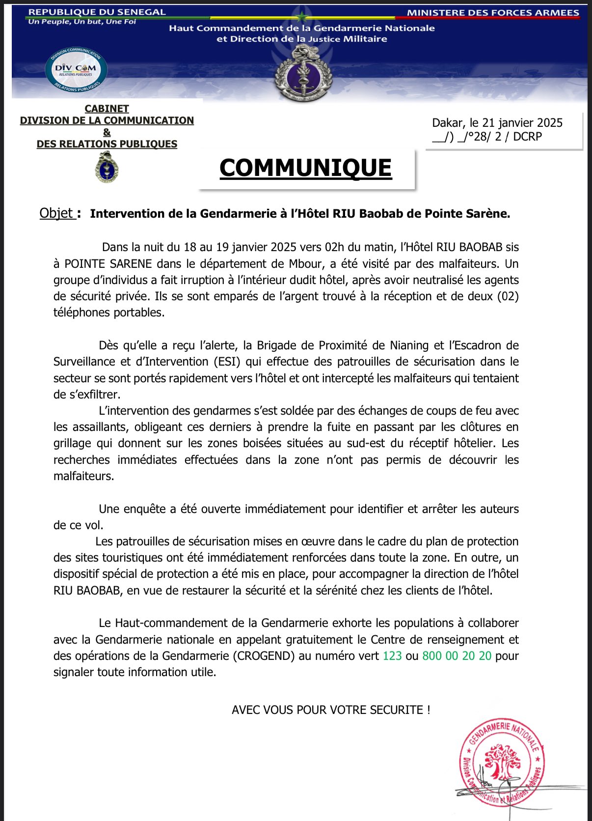 Intervention Intervention de la gendarmerie a Pointe Sarene