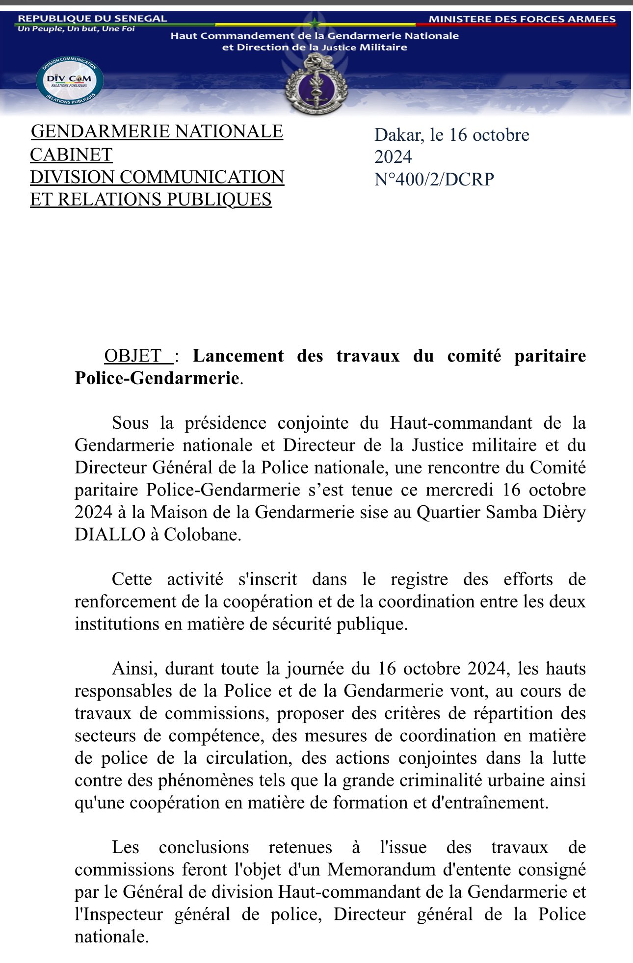 Lancement des travaux du comite paritaire Police-Gendarmerie